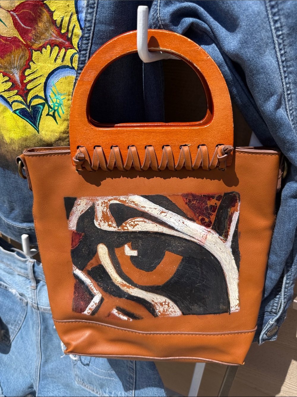 Vintage and custom -Painted Cognac Leather Tote with Wooden Handles rare bag